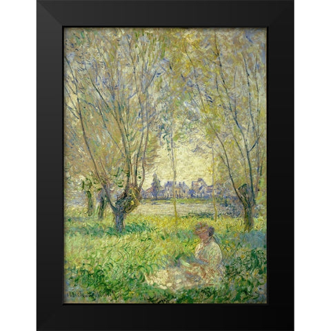 Woman Seated under the Willows Black Modern Wood Framed Art Print by Monet, Claude