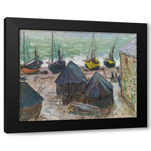 Boats on the Beach at Ã‰tretat Black Modern Wood Framed Art Print with Double Matting by Monet, Claude