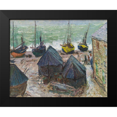 Boats on the Beach at Ã‰tretat Black Modern Wood Framed Art Print by Monet, Claude