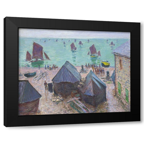 The Departure of the Boats, Ã‰tretat Black Modern Wood Framed Art Print by Monet, Claude
