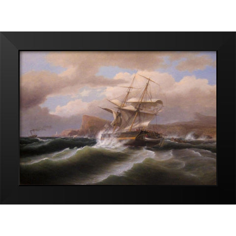 An American Ship in Distress Black Modern Wood Framed Art Print by Birch, Thomas