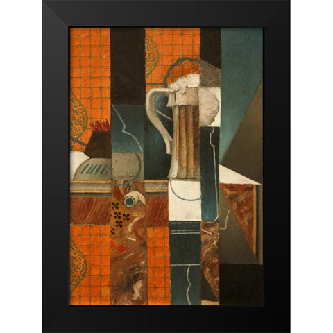 Playing Cards and Glass of Beer Black Modern Wood Framed Art Print by Gris, Juan