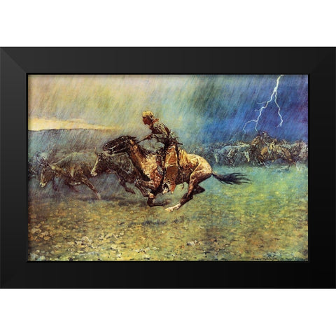 The Stampede Black Modern Wood Framed Art Print by Remington, Frederic