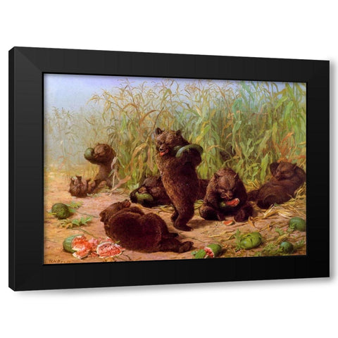 Bears in the Watermelon Patch Black Modern Wood Framed Art Print with Double Matting by Beard, William Holbrook
