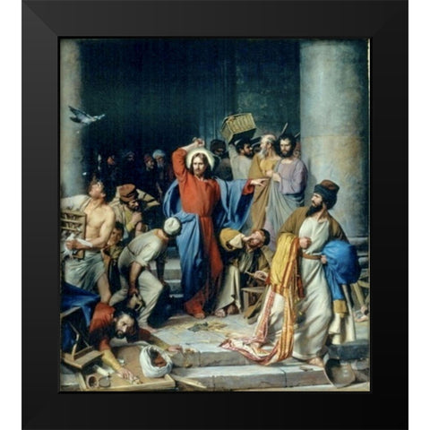 Jesus casting out the money changers at the temple Black Modern Wood Framed Art Print by Bloch, Carl