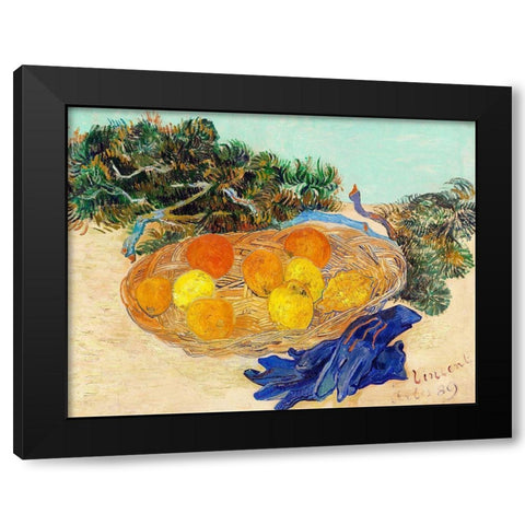 Still Life of Oranges and Lemons with Blue Gloves (1889) Black Modern Wood Framed Art Print with Double Matting by Van Gogh, Vincent