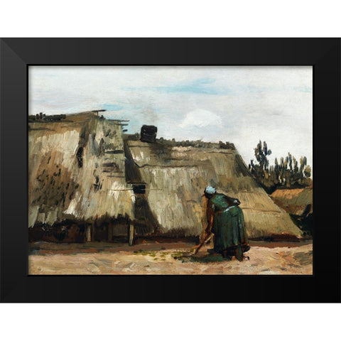 A Peasant Woman Digging in Front of Her Cottage (c.1885) Black Modern Wood Framed Art Print by Van Gogh, Vincent