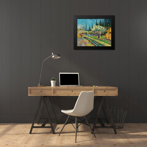 Orchard Bordered by Cypresses (1888) Black Modern Wood Framed Art Print by Van Gogh, Vincent
