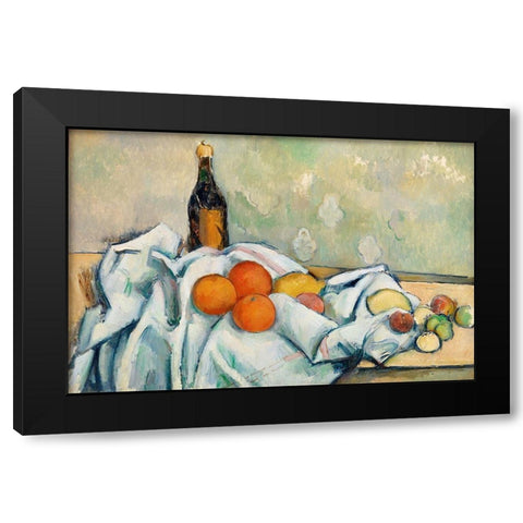 Bottle and Fruits Black Modern Wood Framed Art Print by Cezanne, Paul