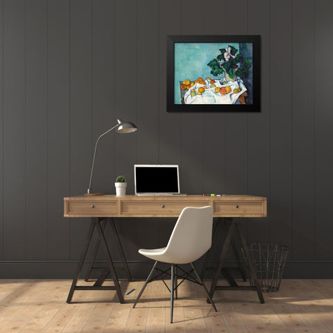 Still Life with Apples and a Pot of Primroses Black Modern Wood Framed Art Print by Cezanne, Paul