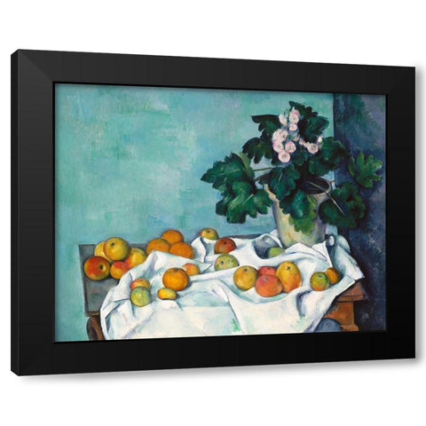Still Life with Apples and a Pot of Primroses Black Modern Wood Framed Art Print by Cezanne, Paul