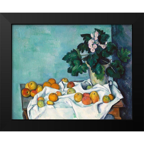 Still Life with Apples and a Pot of Primroses Black Modern Wood Framed Art Print by Cezanne, Paul