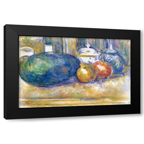 Still-Life with a Watermelon and Pomegranates Black Modern Wood Framed Art Print by Cezanne, Paul