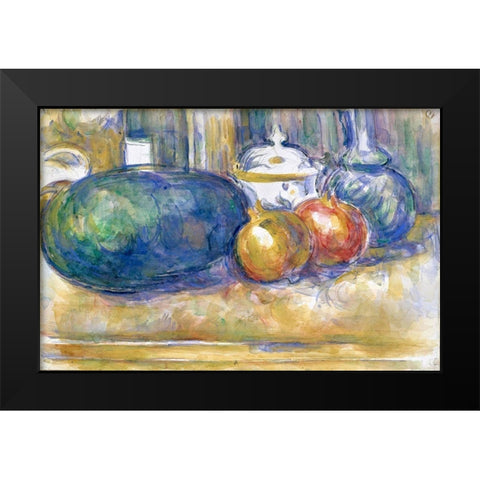 Still-Life with a Watermelon and Pomegranates Black Modern Wood Framed Art Print by Cezanne, Paul