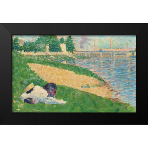 The Seine with Clothing on the Bank Black Modern Wood Framed Art Print by Seurat, Georges