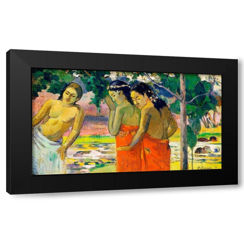 Three Tahitian Women Black Modern Wood Framed Art Print with Double Matting by Gauguin, Paul