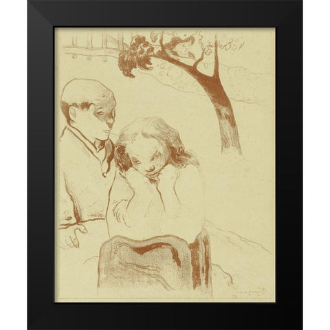 Sad Woman is Sitting with a Man Black Modern Wood Framed Art Print by Gauguin, Paul