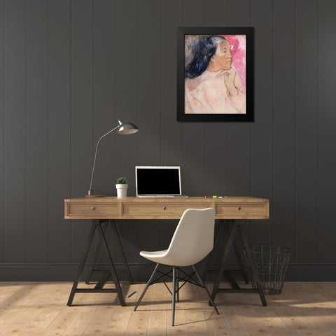 A Tahitian Woman with a Flower in Her Hair Black Modern Wood Framed Art Print by Gauguin, Paul