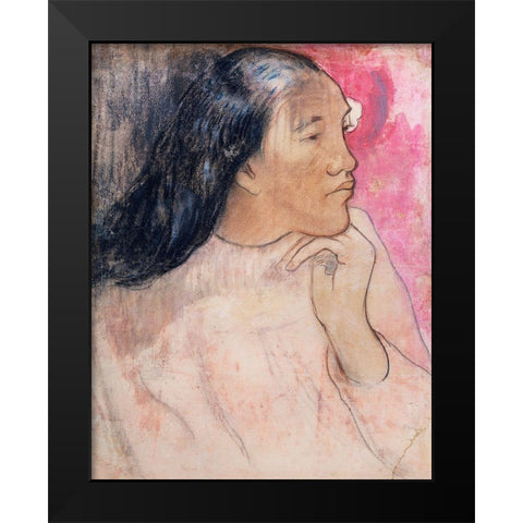 A Tahitian Woman with a Flower in Her Hair Black Modern Wood Framed Art Print by Gauguin, Paul