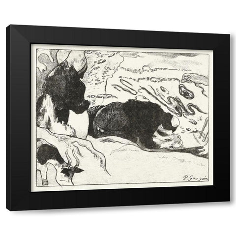 Two Washing Women Wash Clothes by Water Black Modern Wood Framed Art Print by Gauguin, Paul