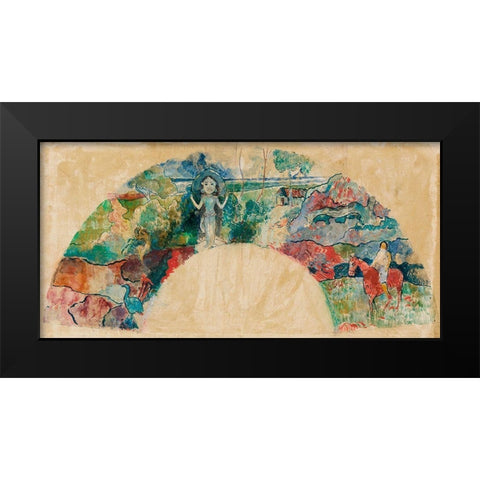Design for a Fan Featuring a Landscape and a Statue of the Goddess Hina Black Modern Wood Framed Art Print by Gauguin, Paul