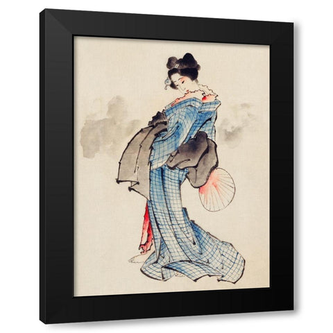 Woman, Full-Length Portrait, Wearing Kimono with Check Design Black Modern Wood Framed Art Print with Double Matting by Hokusai, Katsushika