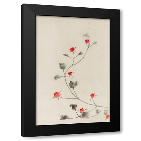 Small Red Blossoms on a Vine Black Modern Wood Framed Art Print by Hokusai, Katsushika