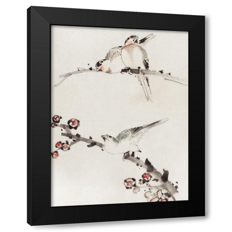 Three Birds Perched on Branches, One with Blossoms Black Modern Wood Framed Art Print with Double Matting by Hokusai, Katsushika