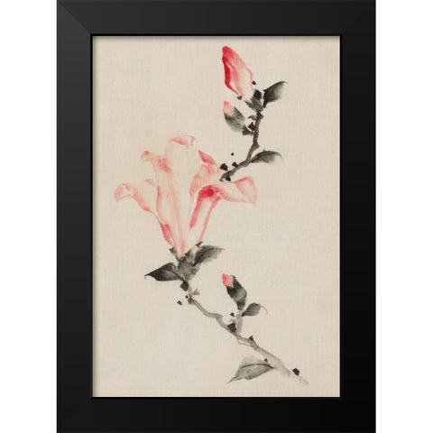 Large Pink Blossom on a Stem with Three Additional Buds Black Modern Wood Framed Art Print by Hokusai, Katsushika