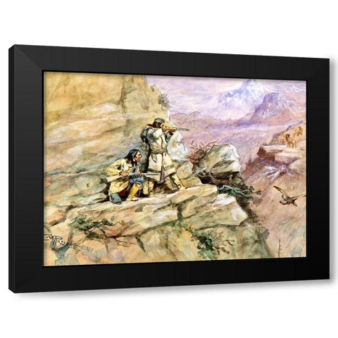 Hunting Big Horn Sheep Black Modern Wood Framed Art Print by Russell, Charles Marion