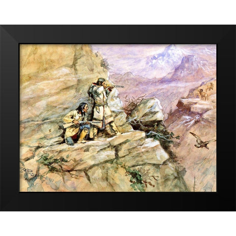 Hunting Big Horn Sheep Black Modern Wood Framed Art Print by Russell, Charles Marion