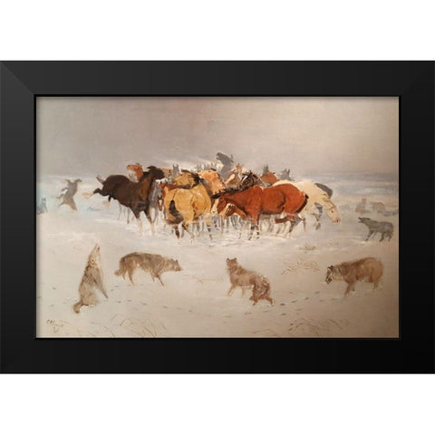 Flying hoofs Black Modern Wood Framed Art Print by Russell, Charles Marion