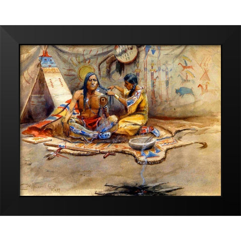Indian Beauty Parlor Black Modern Wood Framed Art Print by Russell, Charles Marion