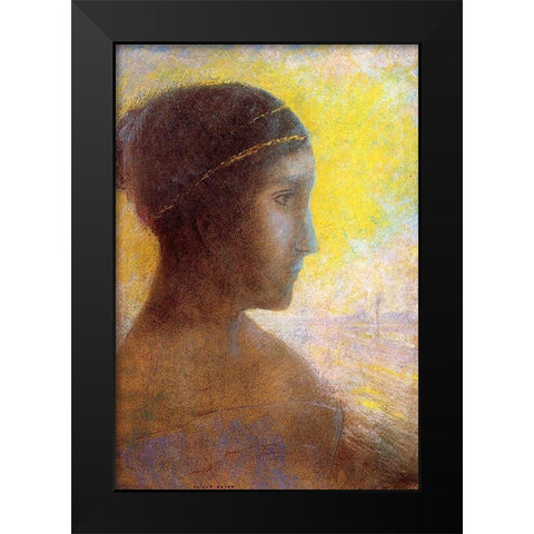 Head of a Young Woman in Profile Black Modern Wood Framed Art Print by Redon, Odilon