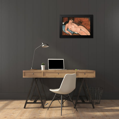 Nude on a Blue Cushion Black Modern Wood Framed Art Print by Modigliani, Amedeo