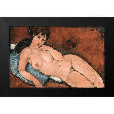 Nude on a Blue Cushion Black Modern Wood Framed Art Print by Modigliani, Amedeo