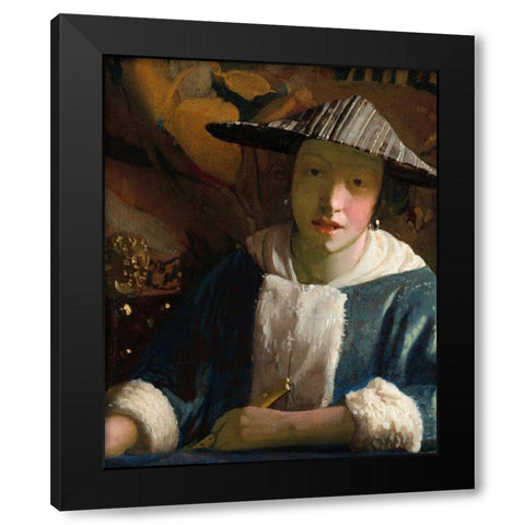 Girl with a Flute Black Modern Wood Framed Art Print by Vermeer, Johannes