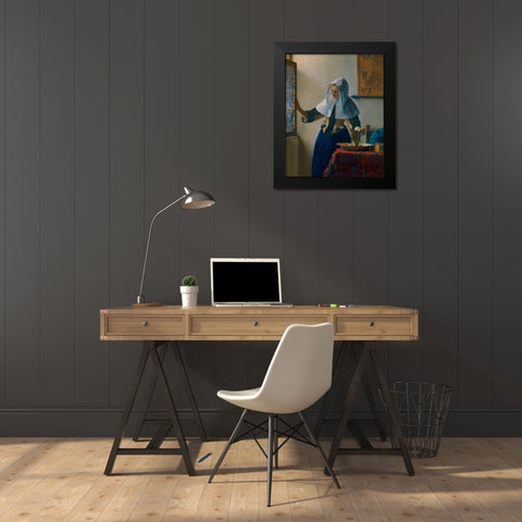 Young Woman with a Water Pitcher Black Modern Wood Framed Art Print by Vermeer, Johannes