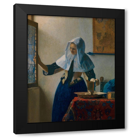 Young Woman with a Water Pitcher Black Modern Wood Framed Art Print by Vermeer, Johannes