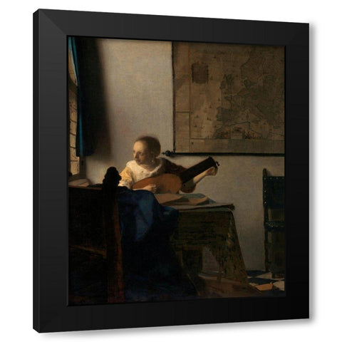 Young Woman with a Lute Black Modern Wood Framed Art Print with Double Matting by Vermeer, Johannes