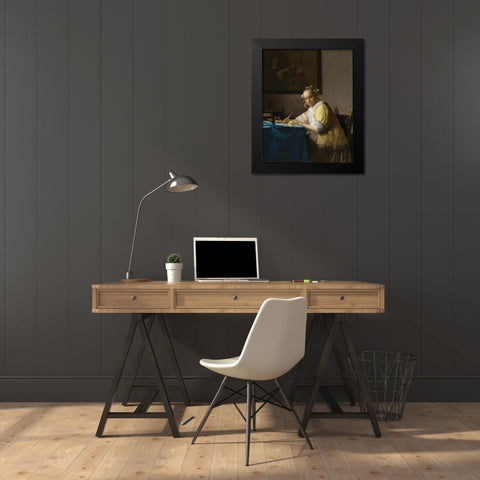 A Lady Writing a Letter Black Modern Wood Framed Art Print by Vermeer, Johannes