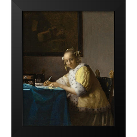 A Lady Writing a Letter Black Modern Wood Framed Art Print by Vermeer, Johannes