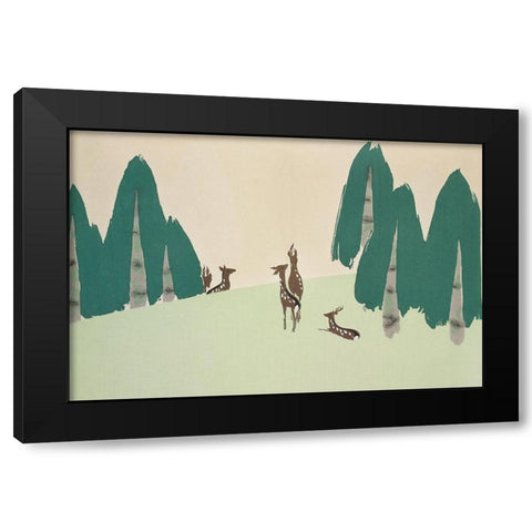 Deer from Momoyogusa Black Modern Wood Framed Art Print by Sekka, Kamisaka
