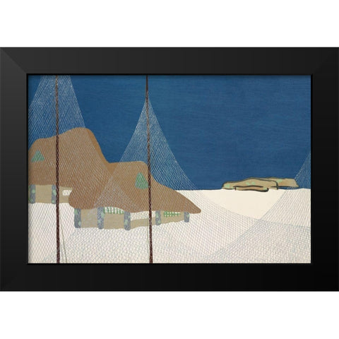 Fishing village from Momoyogusa Black Modern Wood Framed Art Print by Sekka, Kamisaka