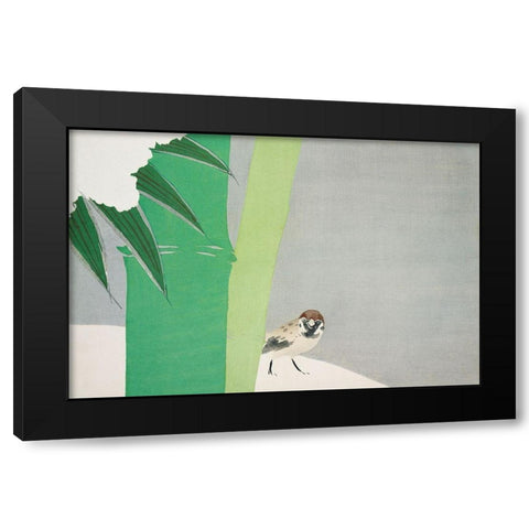 Sparrow from Momoyogusa Black Modern Wood Framed Art Print by Sekka, Kamisaka