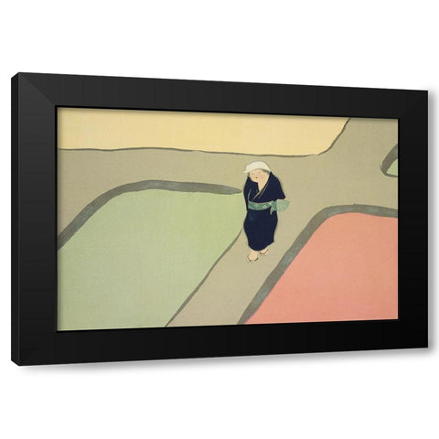 Path through the fields from Momoyogusa Black Modern Wood Framed Art Print by Sekka, Kamisaka