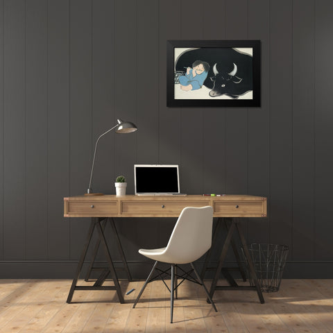 Flute player from Momoyogusa Black Modern Wood Framed Art Print by Sekka, Kamisaka