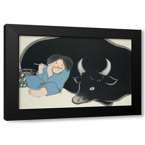 Flute player from Momoyogusa Black Modern Wood Framed Art Print by Sekka, Kamisaka