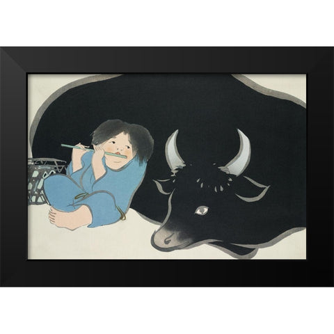 Flute player from Momoyogusa Black Modern Wood Framed Art Print by Sekka, Kamisaka