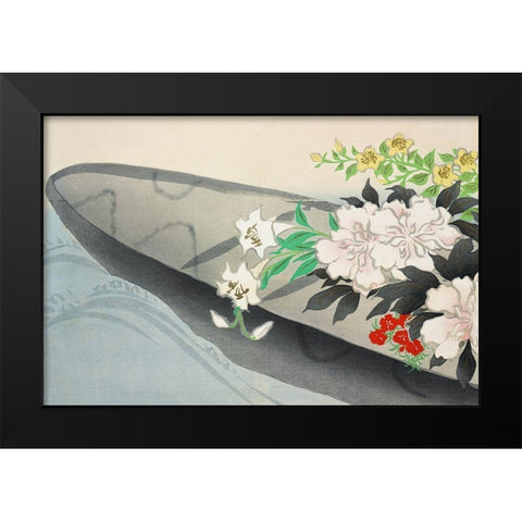 Flower boat from Momoyogusa Black Modern Wood Framed Art Print by Sekka, Kamisaka
